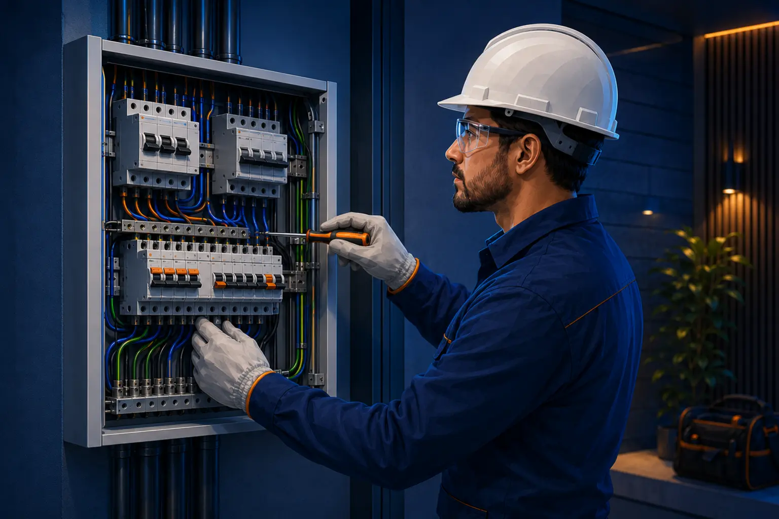 Profissional trabalhando em quadro elétrico